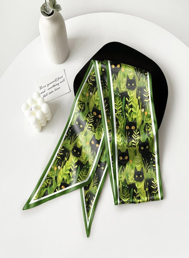 Cabreche 2PC Hair Head Scarf Neck Scarves Silk Feeling Long Oblique Angle Satin Cute Women Girls Handbag 59 * 6.7'' (AP19-Flower Cat) - Image 4